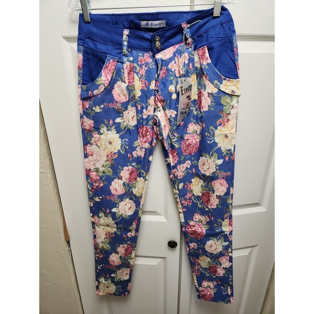 NWT Exocet Size 7/8 FLORAL Print Stretch Skinny Jeans BLUE FLORAL Print